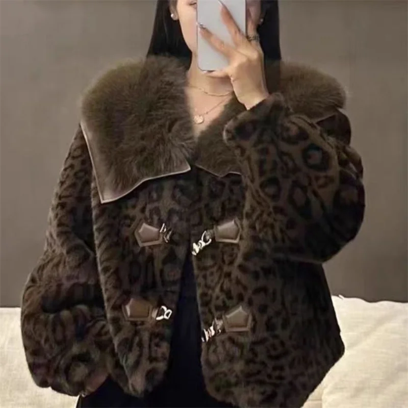 High Quality 2025 Fashion Fur Collor Mink Fur Jacket New Short Fur Design Thick And Warm Leopard Print Coat Imitating Fur Coat