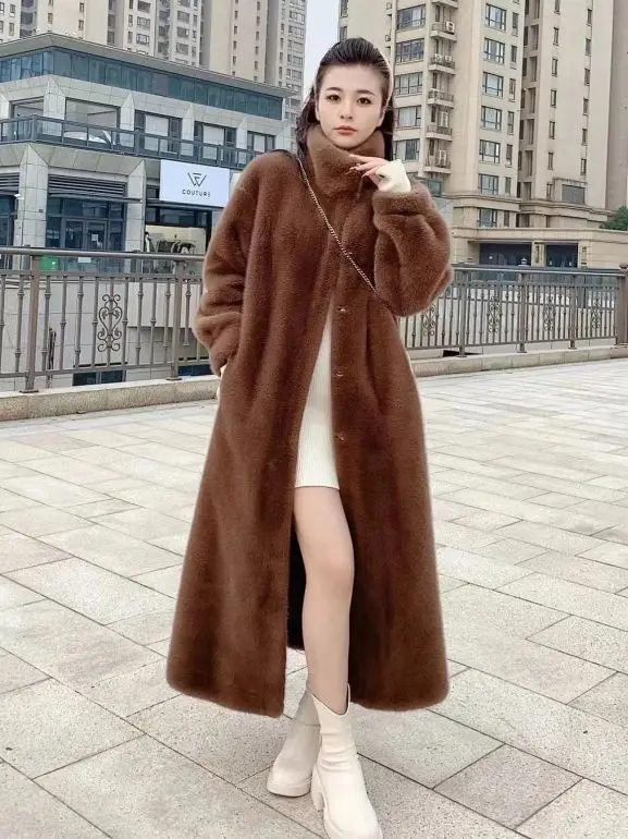 Faux Fur Coats Women Mid Length Coat Stand Collar Thick Warm Elegant Maxi Spring Open Stitch Jackets Outerwear Autumn Winter