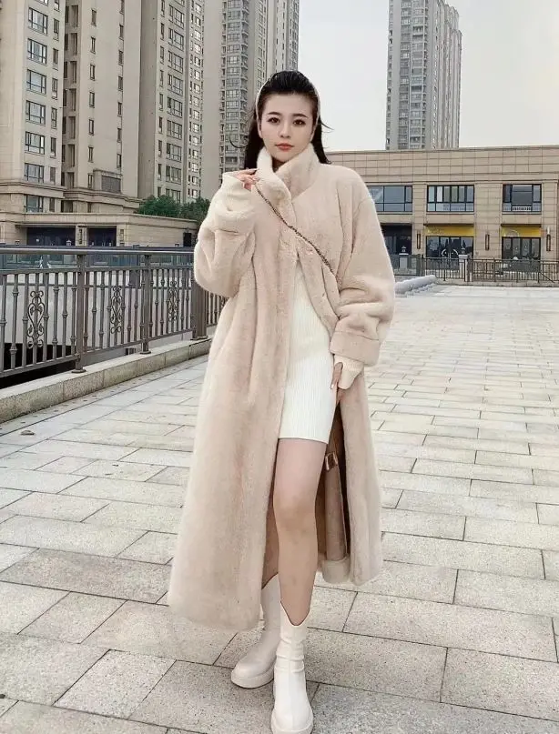 Faux Fur Coats Women Mid Length Coat Stand Collar Thick Warm Elegant Maxi Spring Open Stitch Jackets Outerwear Autumn Winter
