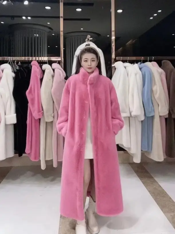Faux Fur Coats Women Mid Length Coat Stand Collar Thick Warm Elegant Maxi Spring Open Stitch Jackets Outerwear Autumn Winter