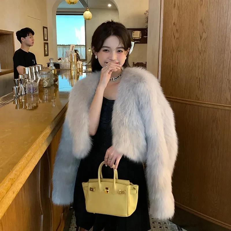 Female Faux Fur Jacket Coat Autumn Winter Women Fashion Short Plush Overcoat Ladies Long Sleeves Imitation Fox Fur Jacket