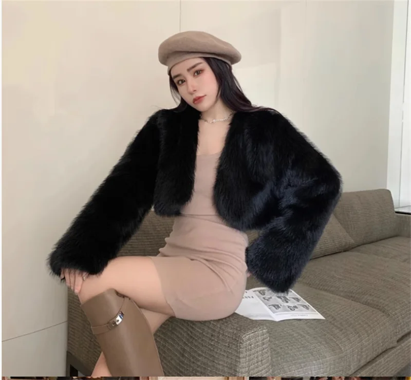 Female Faux Fur Jacket Coat Autumn Winter Women Fashion Short Plush Overcoat Ladies Long Sleeves Imitation Fox Fur Jacket