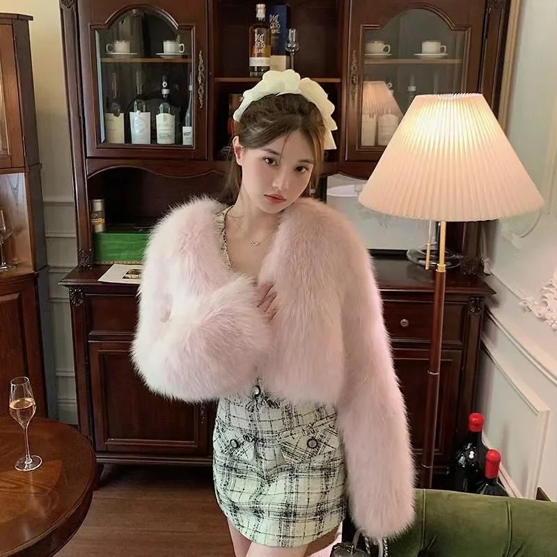 Female Faux Fur Jacket Coat Autumn Winter Women Fashion Short Plush Overcoat Ladies Long Sleeves Imitation Fox Fur Jacket