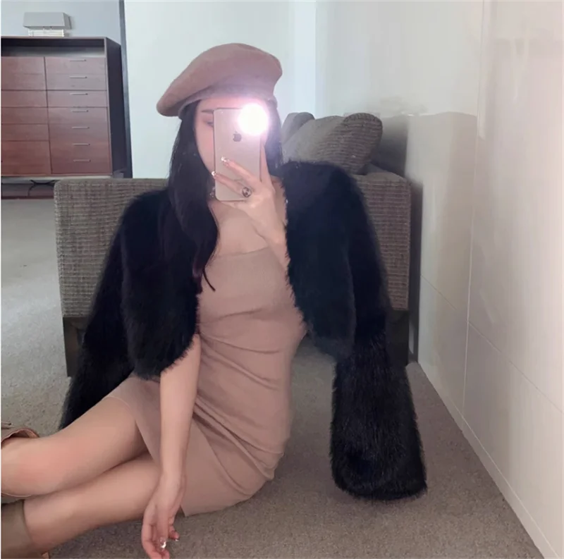 Female Faux Fur Jacket Coat Autumn Winter Women Fashion Short Plush Overcoat Ladies Long Sleeves Imitation Fox Fur Jacket