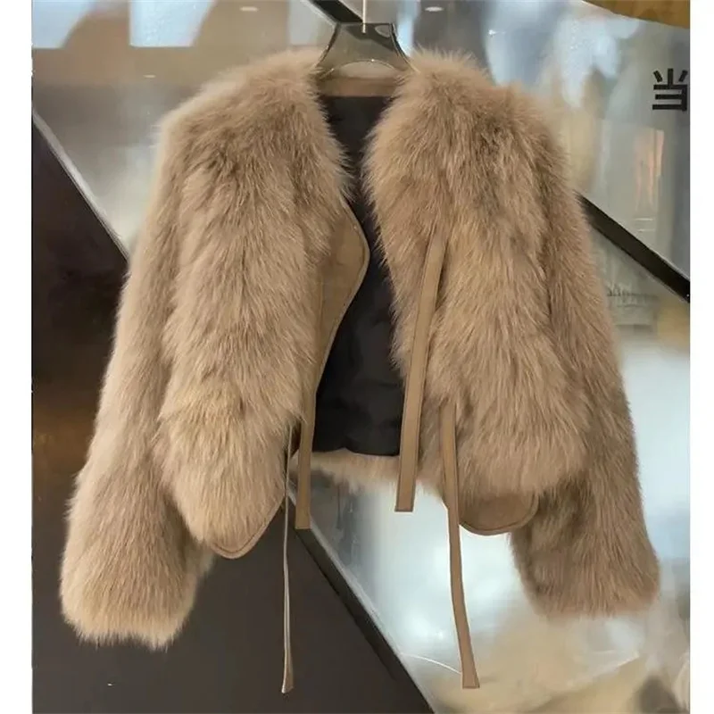 Ladies Lace Up Long Sleeves Imitation Fox Fur Jacket 2026 Female Faux Fur Tops Coat  Autumn Winter Women Fashion Plush Overcoat