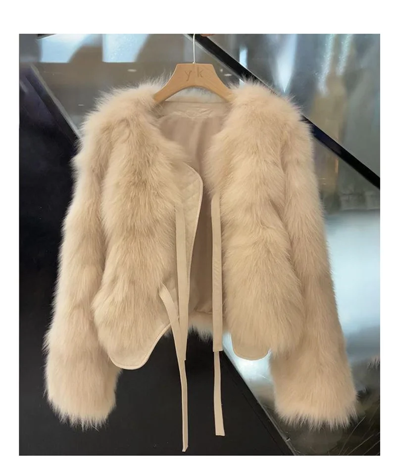 Ladies Lace Up Long Sleeves Imitation Fox Fur Jacket 2026 Female Faux Fur Tops Coat  Autumn Winter Women Fashion Plush Overcoat