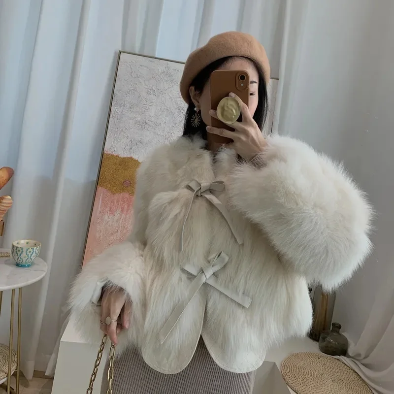 Ladies Lace Up Long Sleeves Imitation Fox Fur Jacket 2026 Female Faux Fur Tops Coat  Autumn Winter Women Fashion Plush Overcoat