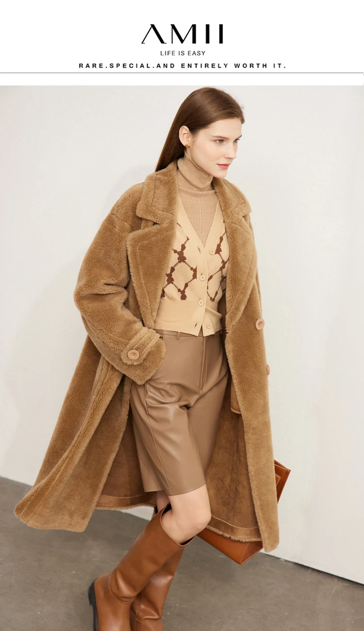 Amii Fur Coat 2026 Winter New Warm Office Lady Turn-Down Collar Full Wool Outerwears Straight Double-breasted Coat 12554013