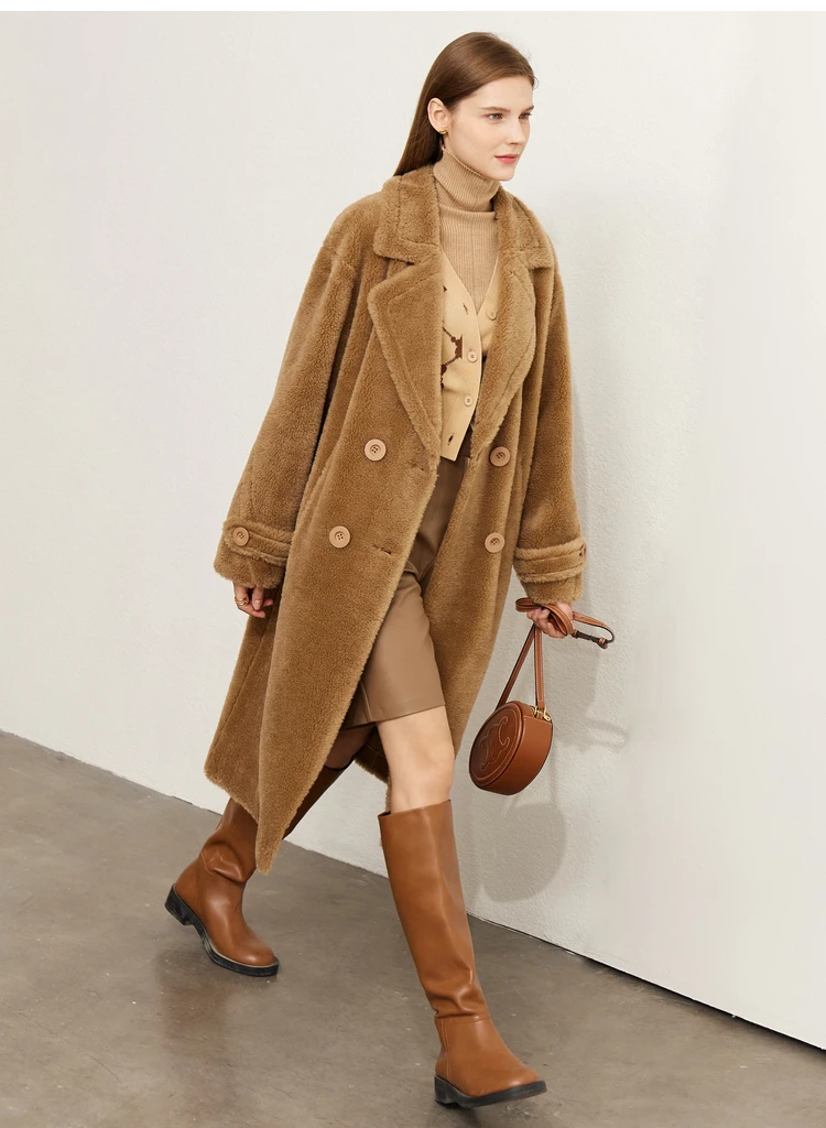Amii Fur Coat 2026 Winter New Warm Office Lady Turn-Down Collar Full Wool Outerwears Straight Double-breasted Coat 12554013