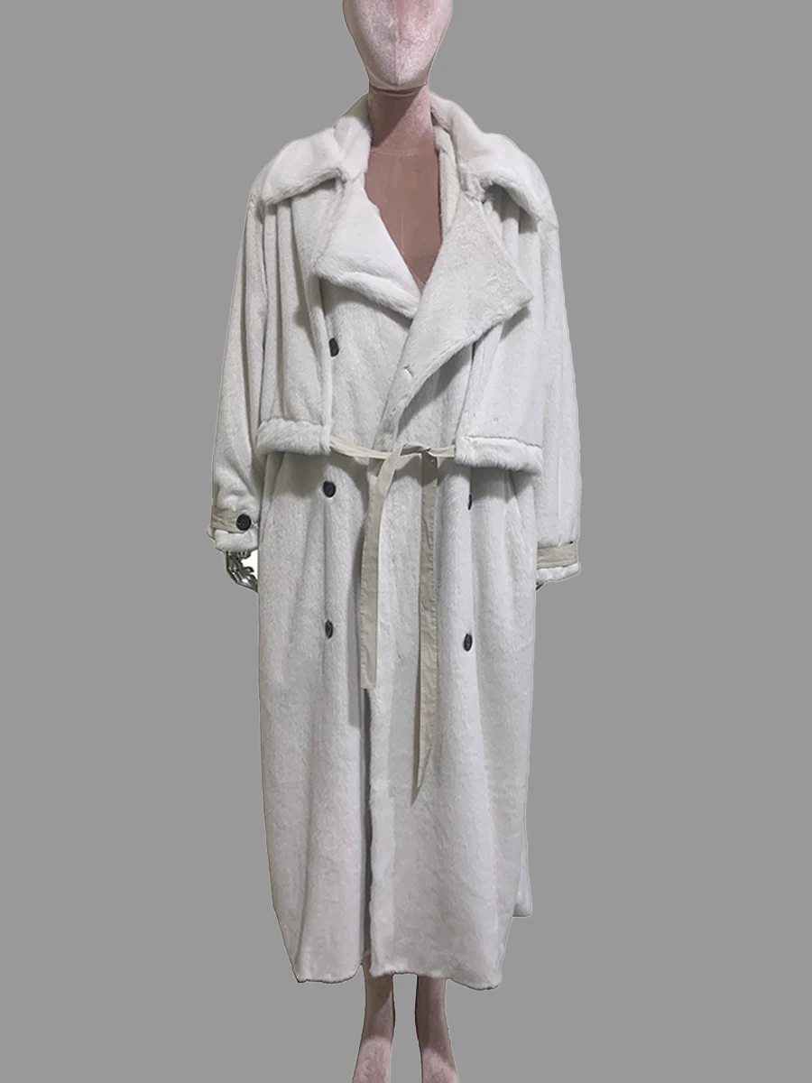 Nerazzurri Autumn Winter Oversized Long Fluffy Warm Soft Faux Mink Fur Coat Women Drawstring Double Breasted Furry Overcoat