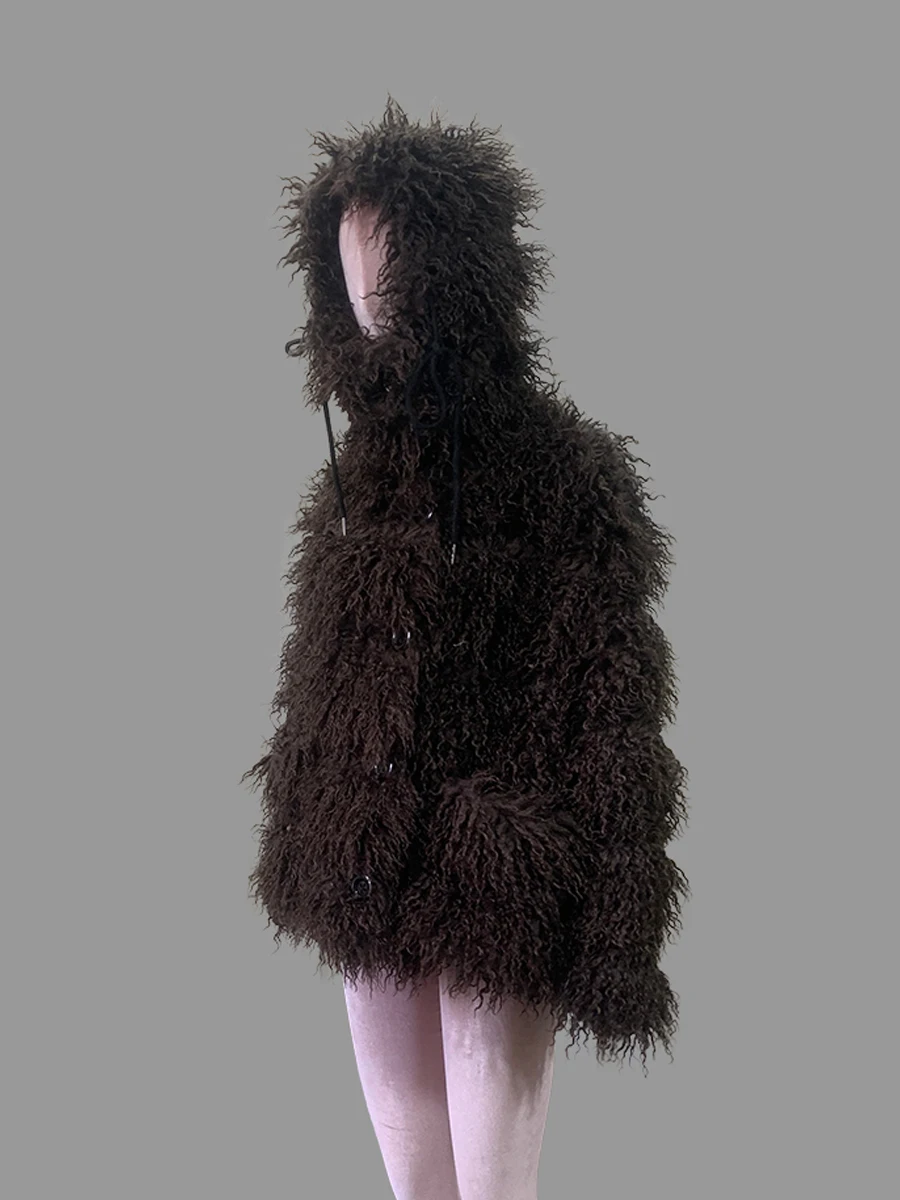 Nerazzurri Winter Short Oversized Warm Shaggy Fuzzy Striped Faux Mongolian Fur Coat Women High Quality Fluffy Hooded Jacket 2026
