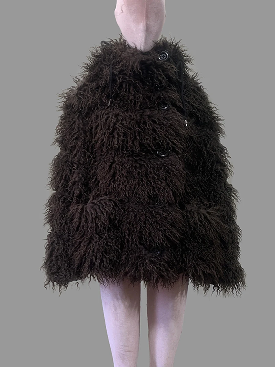 Nerazzurri Winter Short Oversized Warm Shaggy Fuzzy Striped Faux Mongolian Fur Coat Women High Quality Fluffy Hooded Jacket 2026