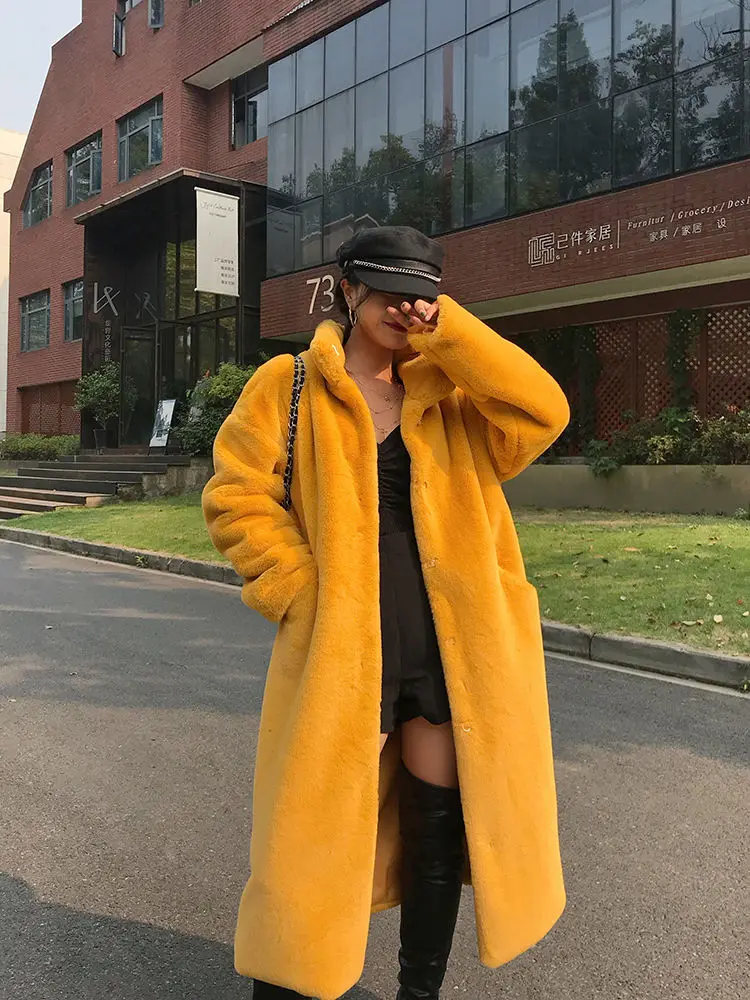 Long Faux Fur Coat Women Fashion Solid Color Artificial Mink Fur Jacket Winter Thick Warm Velvet Plush Overcoat Female Clothing