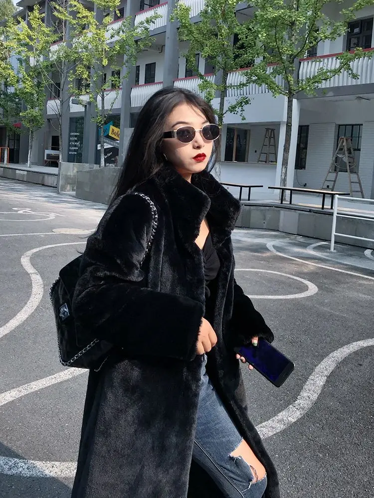 Long Faux Fur Coat Women Fashion Solid Color Artificial Mink Fur Jacket Winter Thick Warm Velvet Plush Overcoat Female Clothing