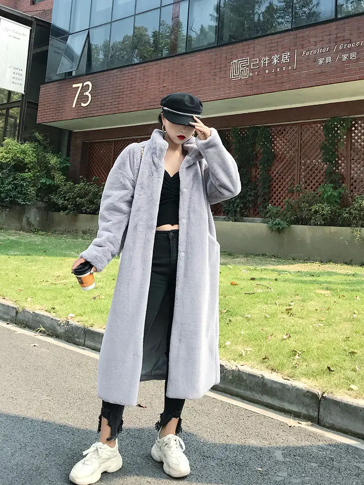 Long Faux Fur Coat Women Fashion Solid Color Artificial Mink Fur Jacket Winter Thick Warm Velvet Plush Overcoat Female Clothing