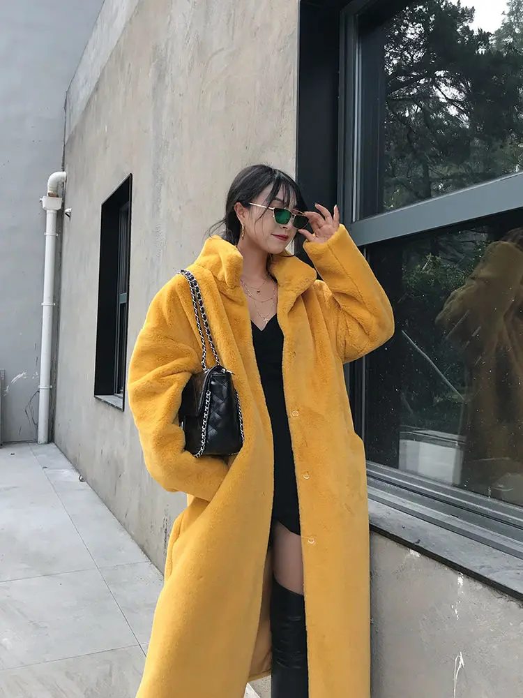 Long Faux Fur Coat Women Fashion Solid Color Artificial Mink Fur Jacket Winter Thick Warm Velvet Plush Overcoat Female Clothing