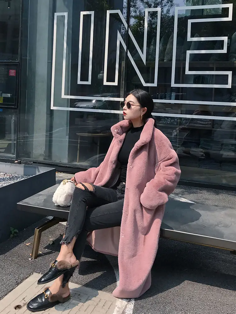 Long Faux Fur Coat Women Fashion Solid Color Artificial Mink Fur Jacket Winter Thick Warm Velvet Plush Overcoat Female Clothing