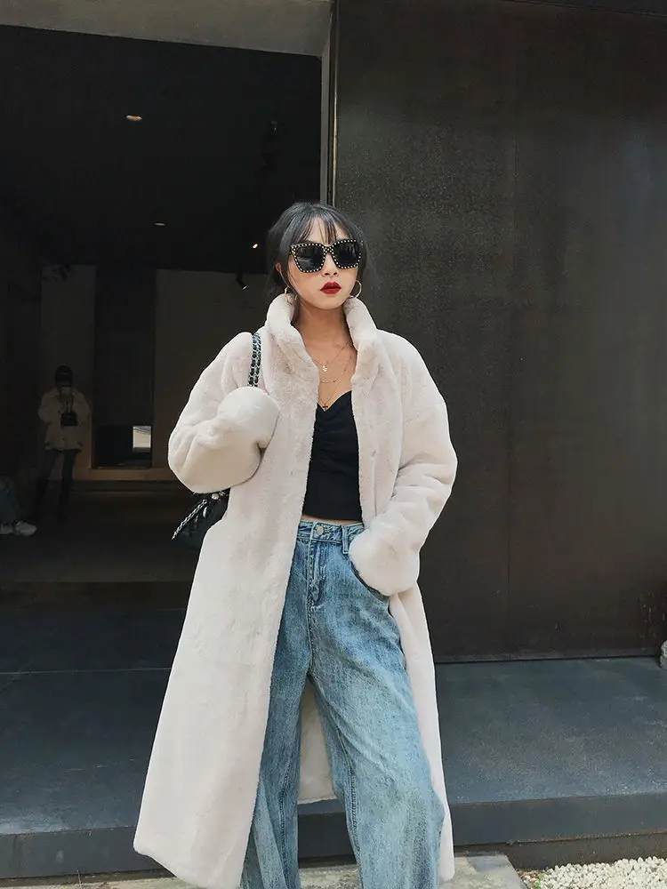 Long Faux Fur Coat Women Fashion Solid Color Artificial Mink Fur Jacket Winter Thick Warm Velvet Plush Overcoat Female Clothing