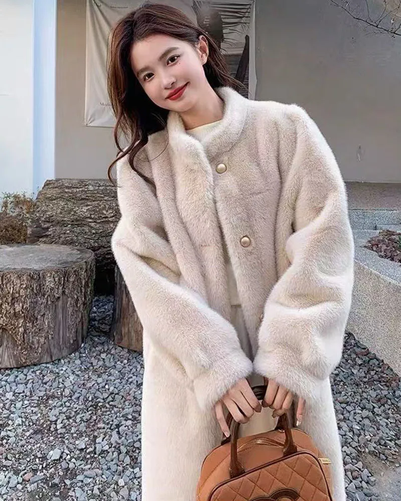 Winter Mink Fur Midi Coats Women Korean Loose Stand Collar Warm Parka Y2K Fashion Streetwear Baggy Faux Fur Outerwear New