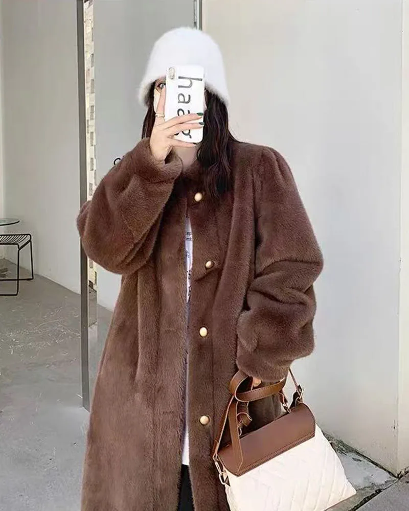 Winter Mink Fur Midi Coats Women Korean Loose Stand Collar Warm Parka Y2K Fashion Streetwear Baggy Faux Fur Outerwear New