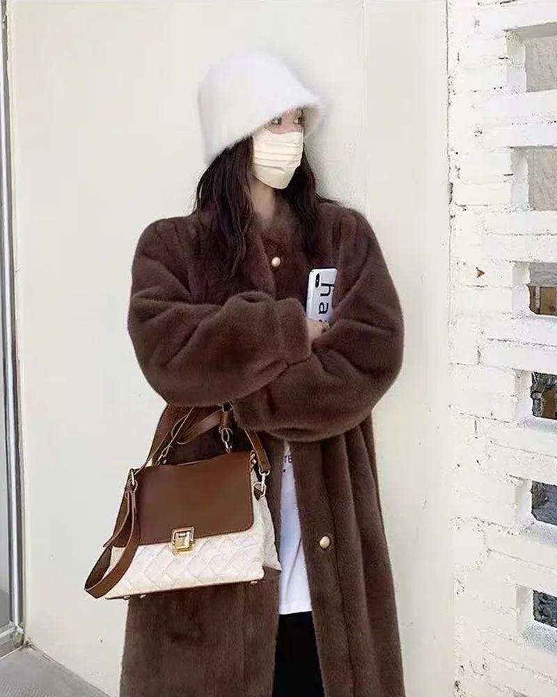 Winter Mink Fur Midi Coats Women Korean Loose Stand Collar Warm Parka Y2K Fashion Streetwear Baggy Faux Fur Outerwear New