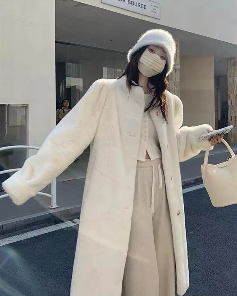 Winter Mink Fur Midi Coats Women Korean Loose Stand Collar Warm Parka Y2K Fashion Streetwear Baggy Faux Fur Outerwear New