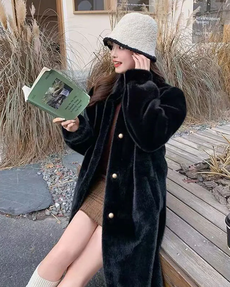 Winter Mink Fur Midi Coats Women Korean Loose Stand Collar Warm Parka Y2K Fashion Streetwear Baggy Faux Fur Outerwear New