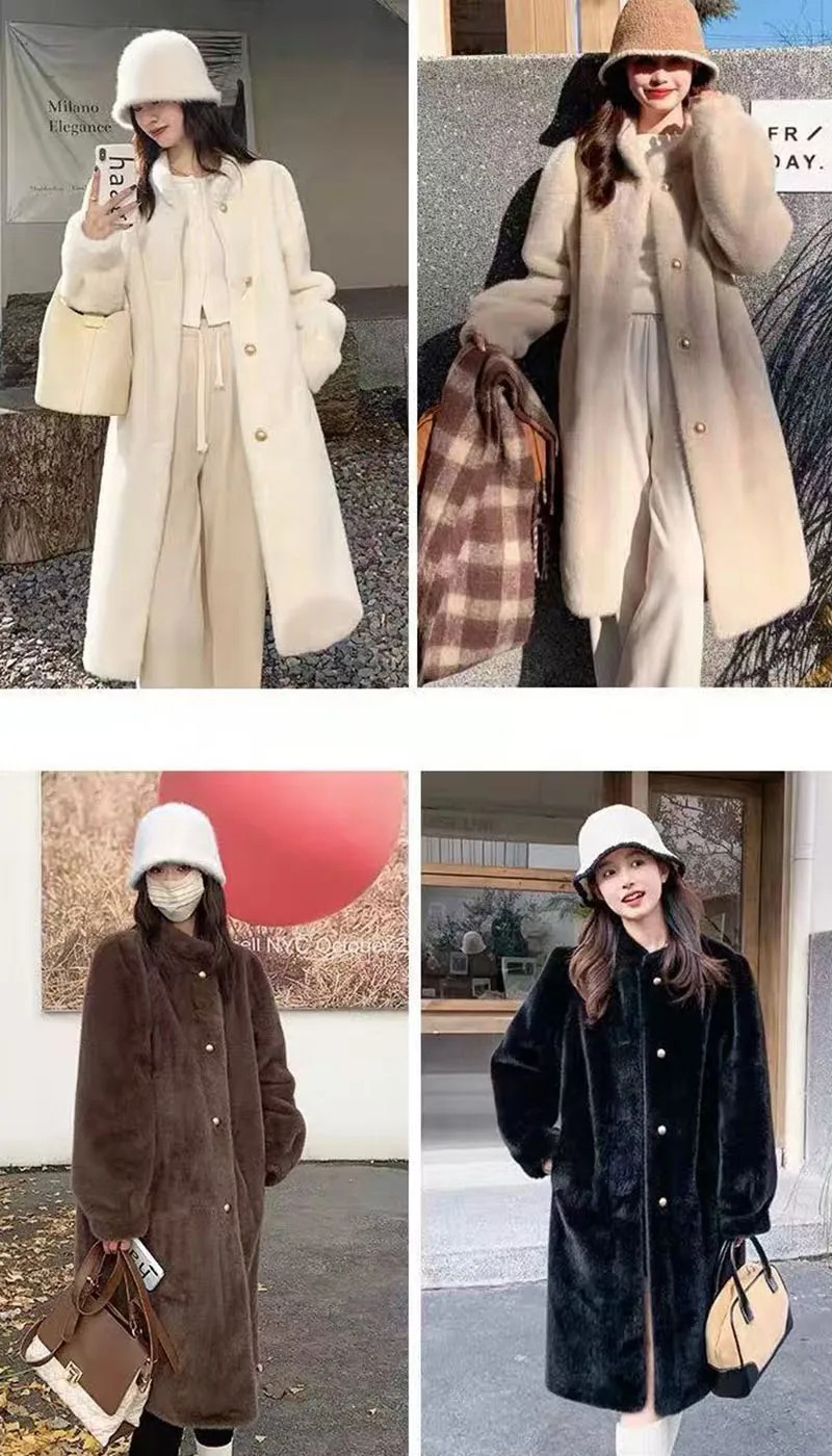 Winter Mink Fur Midi Coats Women Korean Loose Stand Collar Warm Parka Y2K Fashion Streetwear Baggy Faux Fur Outerwear New
