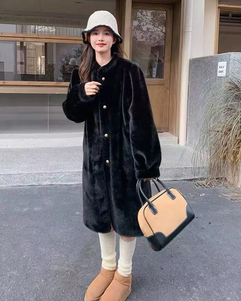Winter Mink Fur Midi Coats Women Korean Loose Stand Collar Warm Parka Y2K Fashion Streetwear Baggy Faux Fur Outerwear New