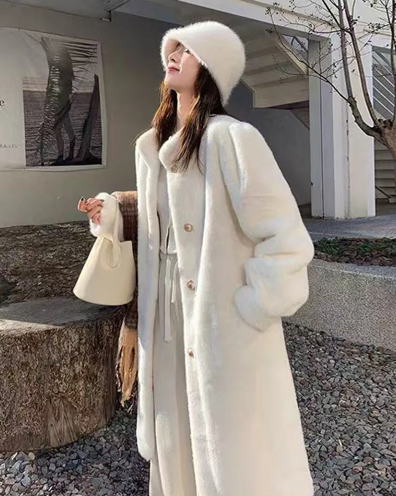 Winter Mink Fur Midi Coats Women Korean Loose Stand Collar Warm Parka Y2K Fashion Streetwear Baggy Faux Fur Outerwear New