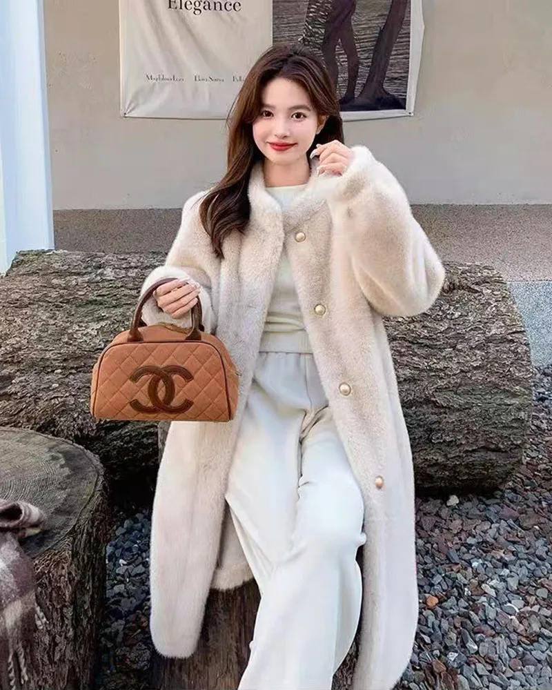 Winter Mink Fur Midi Coats Women Korean Loose Stand Collar Warm Parka Y2K Fashion Streetwear Baggy Faux Fur Outerwear New