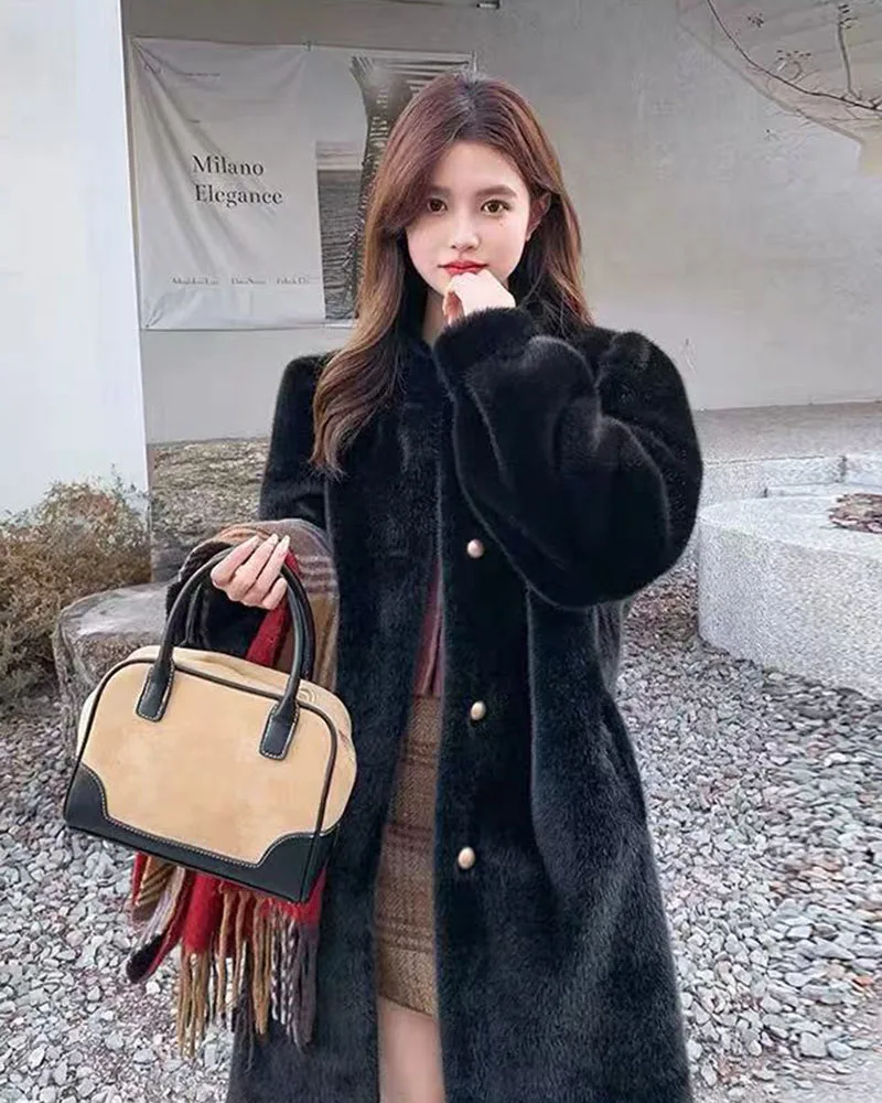 Winter Mink Fur Midi Coats Women Korean Loose Stand Collar Warm Parka Y2K Fashion Streetwear Baggy Faux Fur Outerwear New