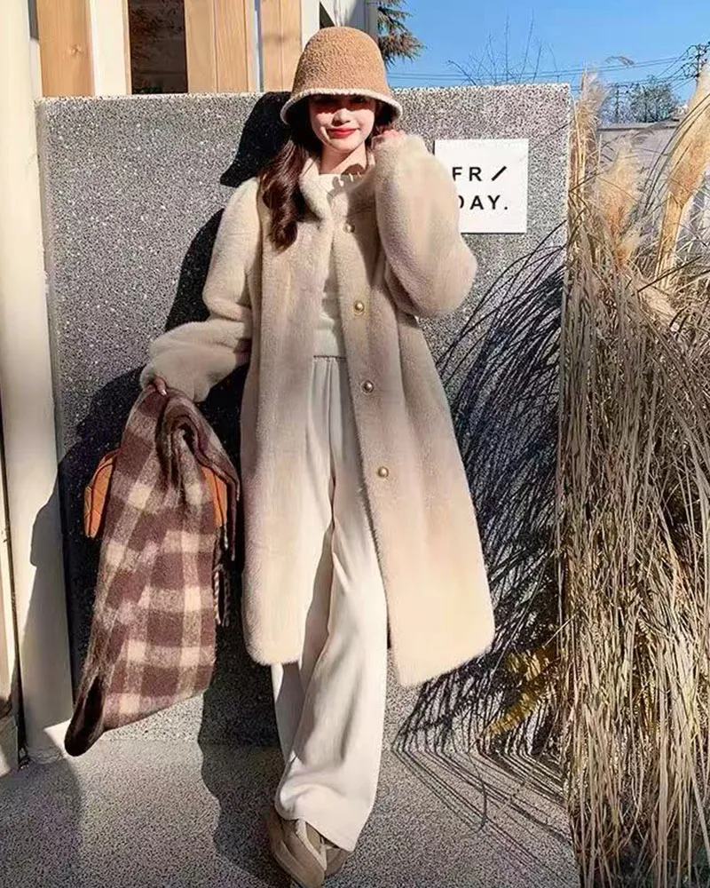 Winter Mink Fur Midi Coats Women Korean Loose Stand Collar Warm Parka Y2K Fashion Streetwear Baggy Faux Fur Outerwear New