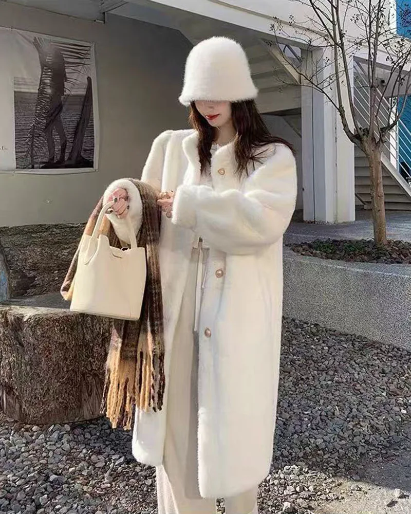 Winter Mink Fur Midi Coats Women Korean Loose Stand Collar Warm Parka Y2K Fashion Streetwear Baggy Faux Fur Outerwear New