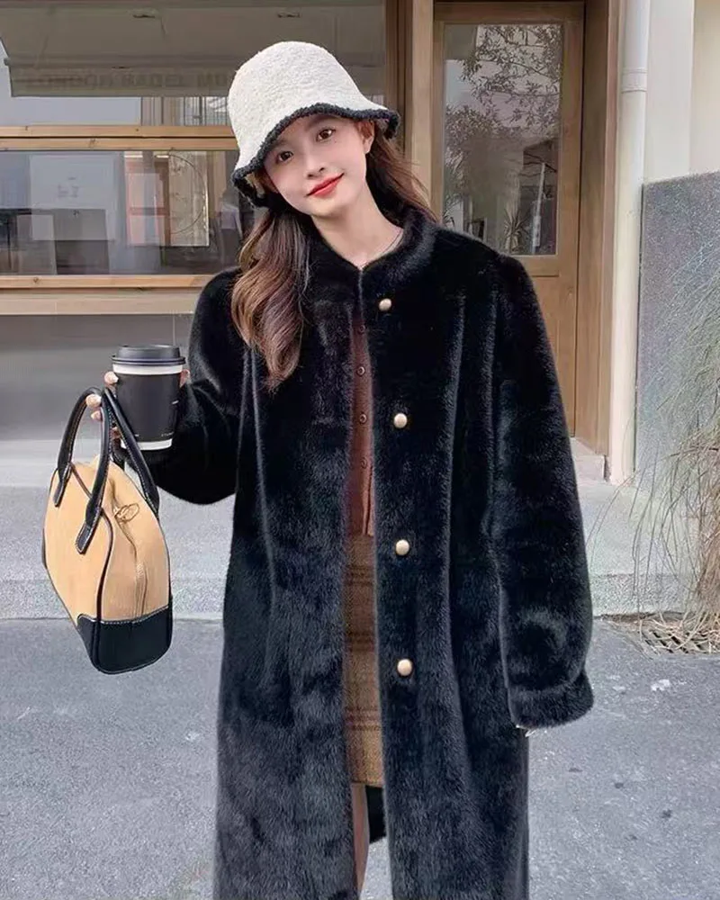 Winter Mink Fur Midi Coats Women Korean Loose Stand Collar Warm Parka Y2K Fashion Streetwear Baggy Faux Fur Outerwear New