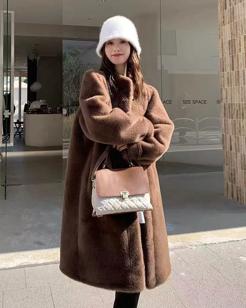 Winter Mink Fur Midi Coats Women Korean Loose Stand Collar Warm Parka Y2K Fashion Streetwear Baggy Faux Fur Outerwear New