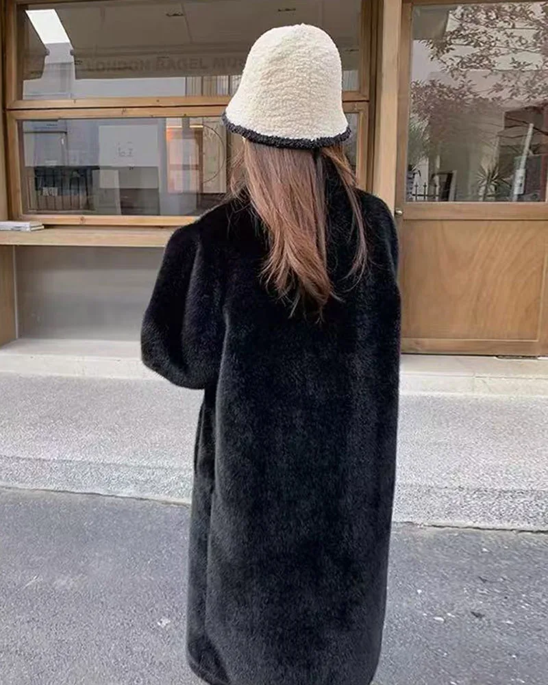 Winter Mink Fur Midi Coats Women Korean Loose Stand Collar Warm Parka Y2K Fashion Streetwear Baggy Faux Fur Outerwear New