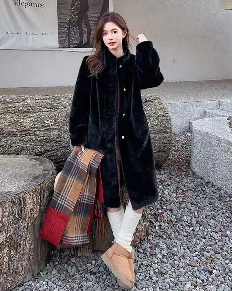 Winter Mink Fur Midi Coats Women Korean Loose Stand Collar Warm Parka Y2K Fashion Streetwear Baggy Faux Fur Outerwear New