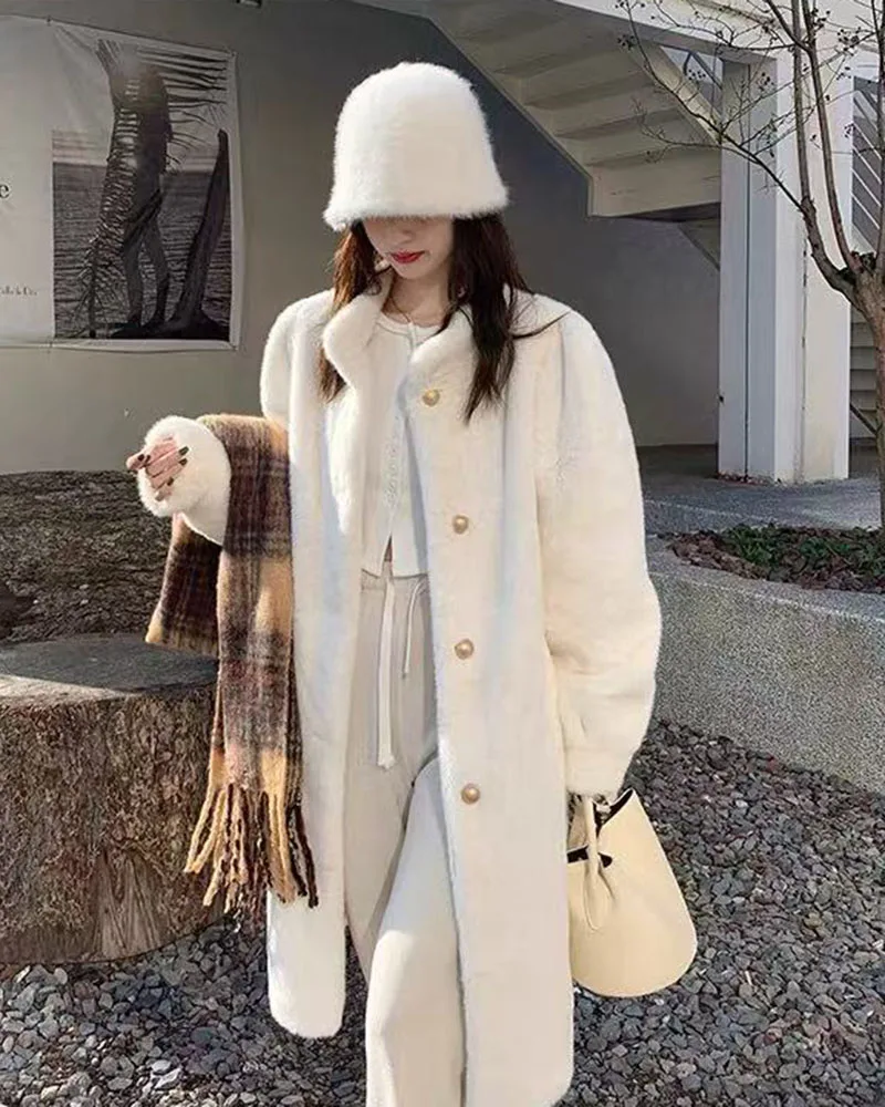 Winter Mink Fur Midi Coats Women Korean Loose Stand Collar Warm Parka Y2K Fashion Streetwear Baggy Faux Fur Outerwear New