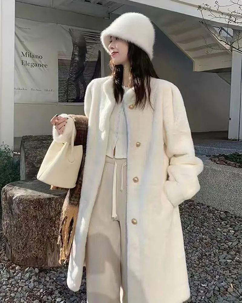Winter Mink Fur Midi Coats Women Korean Loose Stand Collar Warm Parka Y2K Fashion Streetwear Baggy Faux Fur Outerwear New