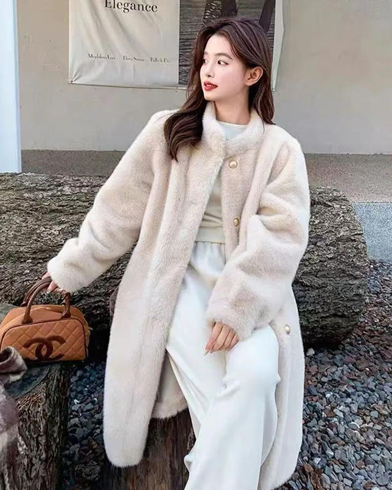 Winter Mink Fur Midi Coats Women Korean Loose Stand Collar Warm Parka Y2K Fashion Streetwear Baggy Faux Fur Outerwear New