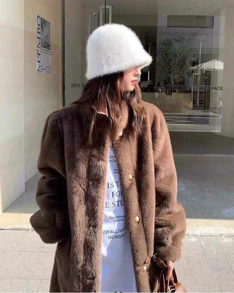 Winter Mink Fur Midi Coats Women Korean Loose Stand Collar Warm Parka Y2K Fashion Streetwear Baggy Faux Fur Outerwear New