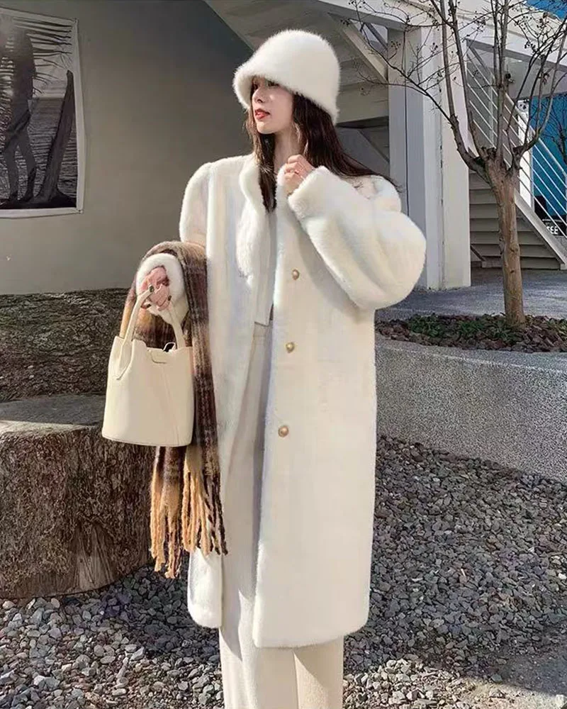 Winter Mink Fur Midi Coats Women Korean Loose Stand Collar Warm Parka Y2K Fashion Streetwear Baggy Faux Fur Outerwear New