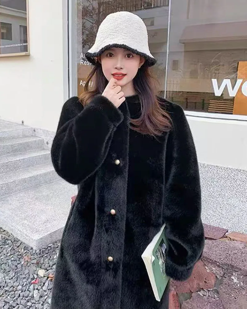 Winter Mink Fur Midi Coats Women Korean Loose Stand Collar Warm Parka Y2K Fashion Streetwear Baggy Faux Fur Outerwear New