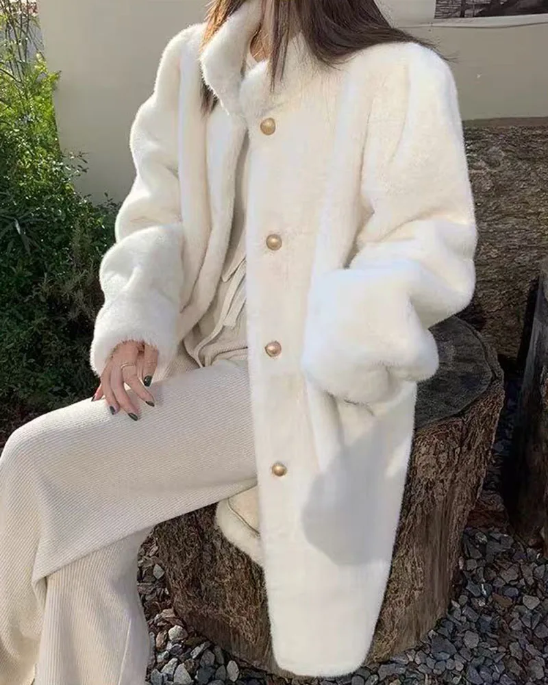 Winter Mink Fur Midi Coats Women Korean Loose Stand Collar Warm Parka Y2K Fashion Streetwear Baggy Faux Fur Outerwear New