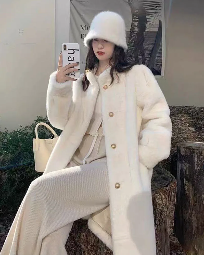 Winter Mink Fur Midi Coats Women Korean Loose Stand Collar Warm Parka Y2K Fashion Streetwear Baggy Faux Fur Outerwear New