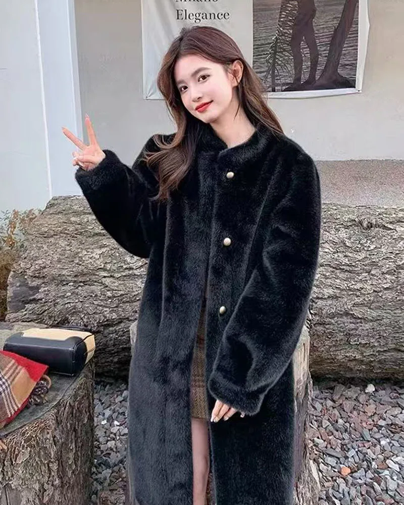 Winter Mink Fur Midi Coats Women Korean Loose Stand Collar Warm Parka Y2K Fashion Streetwear Baggy Faux Fur Outerwear New