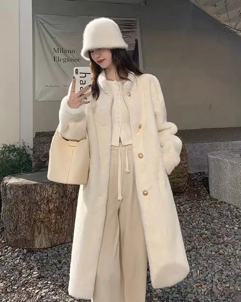 Winter Mink Fur Midi Coats Women Korean Loose Stand Collar Warm Parka Y2K Fashion Streetwear Baggy Faux Fur Outerwear New