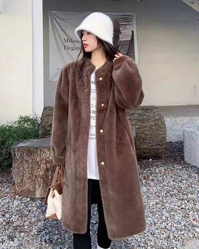 Winter Mink Fur Midi Coats Women Korean Loose Stand Collar Warm Parka Y2K Fashion Streetwear Baggy Faux Fur Outerwear New
