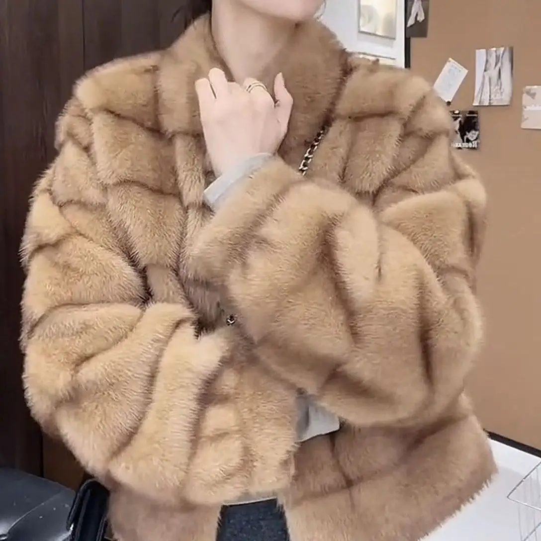 2026 Women Oversized Faux Mink Coat Stand Collar Snap Button Loose Fluffy Long Sleeve Warm Jacket Autumn Winter